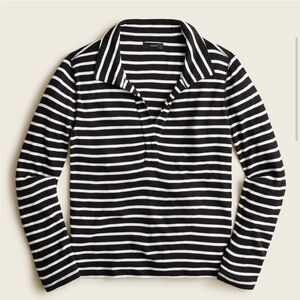 Black and White Striped Long Sleeve Polo Top